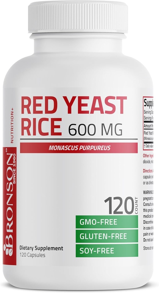 Bronson Red Yeast Rice 600 MG Montex Purpureus Herbal Health, non-GMO, 120 Kapsler