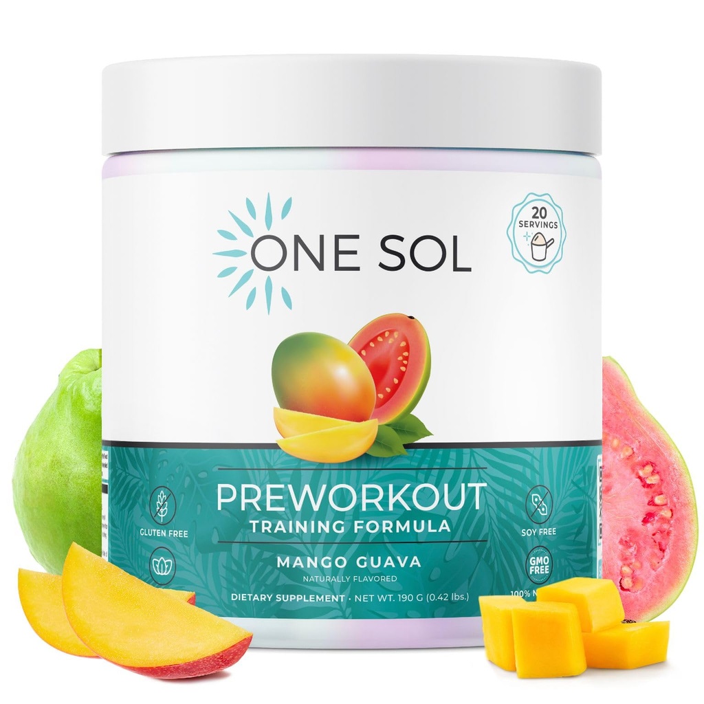 One Sol Pre- Workout for Women, Enhanced Pump & Focus, No Jitters or Crash, Natural Ingredients, 100% Vegan, Gluten Free & Soy Free, (Mango Guava)