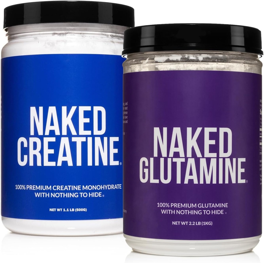 Nøgen Pure Mikronized Creatine Monohydrat 100 Servere + 200 Servere Pure L- Glutamin Bundle: Vegan, Non- GMO, Gluten Free. Minimere muskelfordeling og forbedre proteinsyntesen. Intet Kunstigt