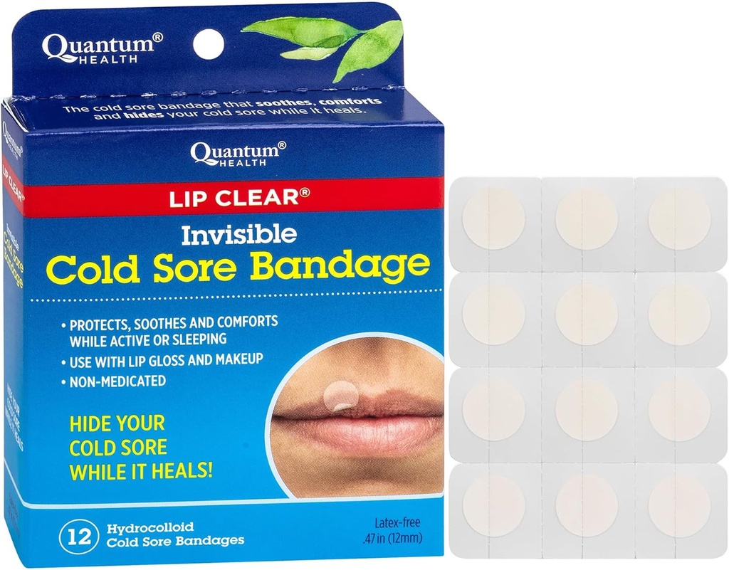 Quantum Health Lip Clear Usynlig Cold Sore Patches for Lips Hjælp Soothe Skjold & Skjul Cold Sores - Hjælper forebyggelsen - Fever Blister Blister Bandager til kvinder og mænd - 12 Greve
