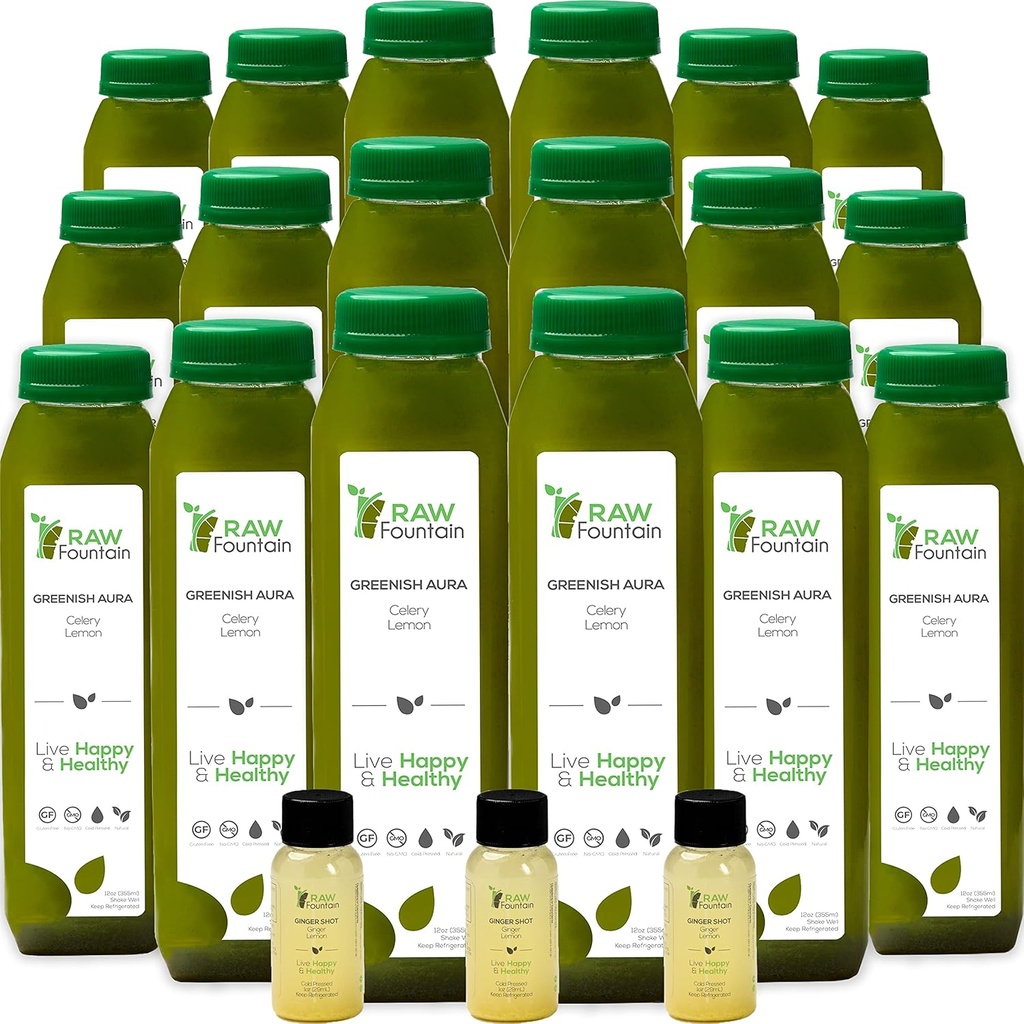Selleri Juice rense af Raw Fountain, Alle naturlige rå, koldpresset safter, Morning Detox Rense, 30 flasker 12oz, 5 Bonus Ginger Skud