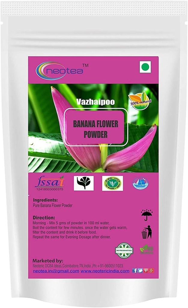Neotea Musa Flower Powder Dex124; Vazhaipoo Powder Dex124; Organic Banana Flower Powder Dex124; Rich in Fiber Dex124; Gluten- Free, Vegan Superfood Dex124; Ideel til smoothies, Bagning, & Cooking Dex124; 100% Natural, Non- GMO 300 GM