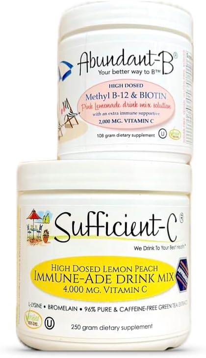 Sufficient- C 250 gram Vitamin C Immunie- ade Drink Mix og Abundant- B høj dosis B- 12 og Biotin Pink Lemonade Drink Mix Solution