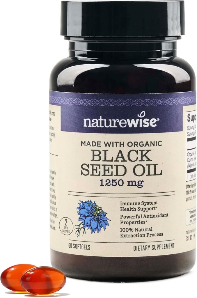 NatureWise Black Seed Oil Softgels 1250 mg - med 100% Organic Cold Pressed Nigella Sativa - Omega 3 6 9 - Antioxidant immunforsvar, Hår & Hud - Non- GMO, Gluten- Free - 60 Softgels [1 - Måned Supply]
