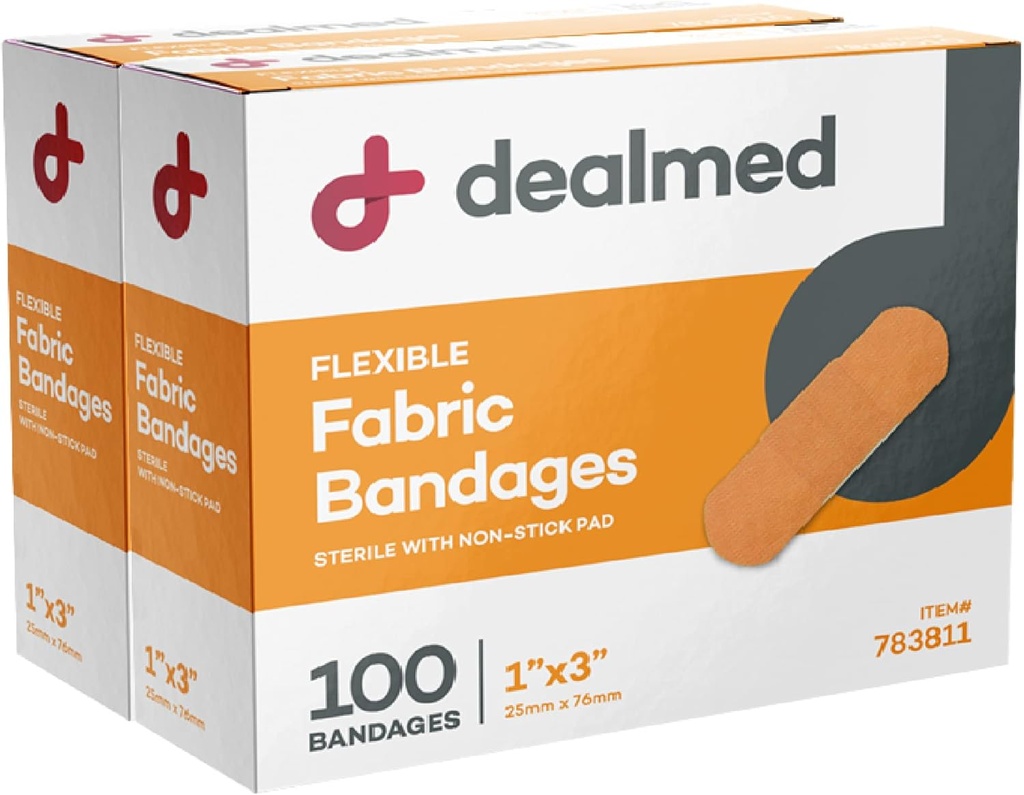 Dealmed Steril Fleksibel stof vedhæftede bandager - 1x3 tommer - 100 / Box - 2 bokse - Breathable First Aid Strip Pack - Soft Stretch Wound Patch for Medical, Emergency Kits & Clinic