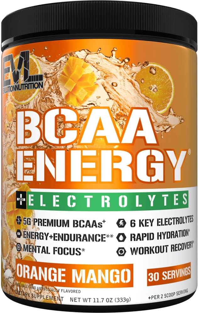 EVL BCAAs Aminosyrer Powder - BCAA Energy Pre Workout Powder for Muscle Recovery Lean Growth and Endurance - Rehydrating Post Workout Recovery Drikke med 6 Key Electrolytes - Orange Mango
