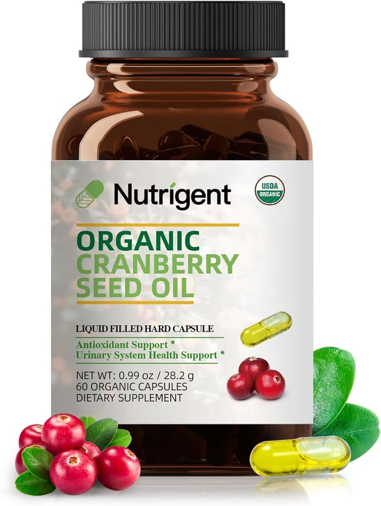 USDA Organic 100% Pure Cranberry Seed Oil 940 mg, Plant Sourced Omega 3-6-9 Fatty Acids, Liquid Organic Capsules, Urinary Health & Skin Health Support, 60 Capsules