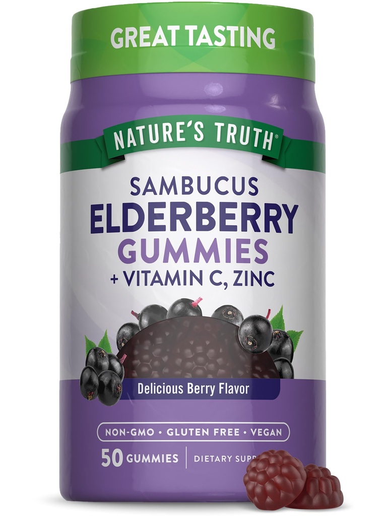 Nature 's Truth Black Elderberry Gummies Shue 124; 50 Vegan Gummies Shue 124; med vitamin C og Zink Shue 124; Berry Flavor Shue 124; Vegan, Non- GMO, og Gluten Free Supplement