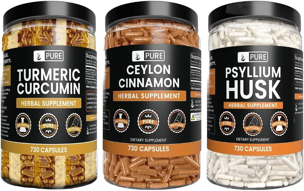 PURE ORIGINAL INGREDIENSER Ceylon kanel, Psyllium Husk, og gurkemeje Bundle (730 Kapsler Hver), Ingen Magnesium eller ris Fyldere