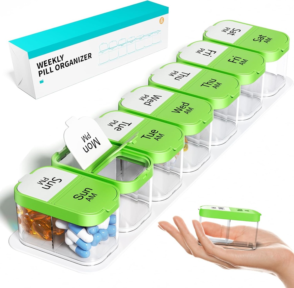 Odaro Ekstra Stor Ugentlig Pill Organizer 2 gange en dag, Pill Box 7 dag Am Pm at holde daglig medicin Vitamin og kosttilskud - Grøn