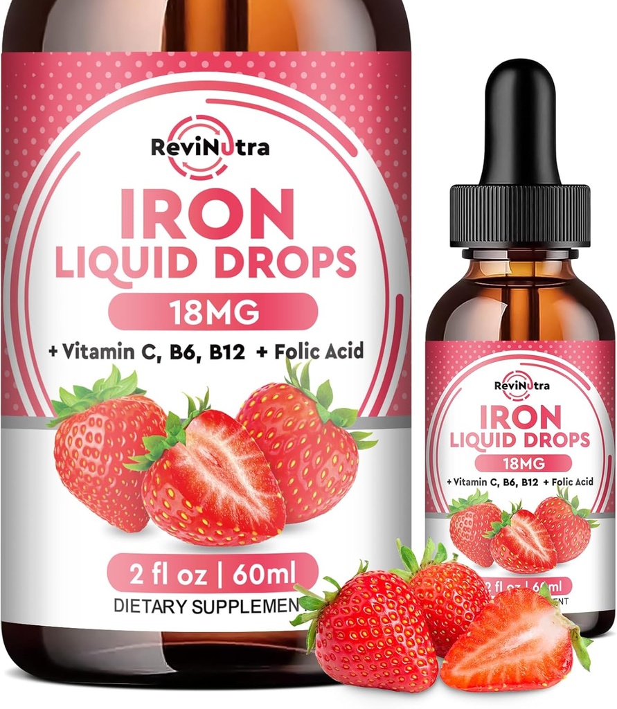 Flydende jerntilskud til kvinder, mænd & børn, flydende jerndråber med folat, C-vitamin, B6, B12 for anæmi, Red Blood Cell, Energy Support, Strawberry Flavor, 2 Fl Oz