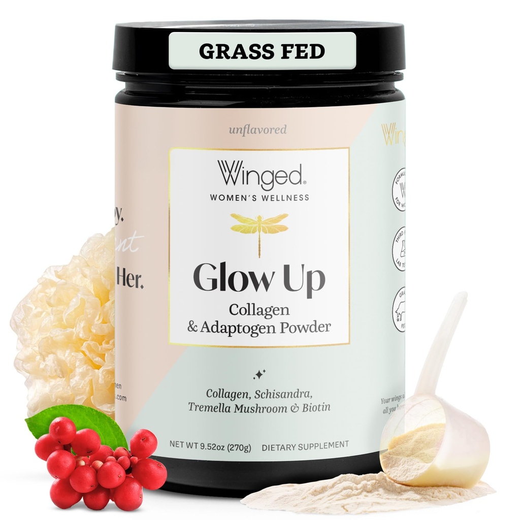 Vinged Wellness Glow Up, Collagen pulver til kvinder - hår, hud og negle skønhed supplement med grass- Fed hydrolyzed Collagen Peptider Adaptogens, C-vitamin & biotin - 25 Servering, Unflavored
