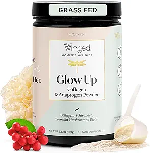 Vinged Wellness Glow Up, Collagen pulver til kvinder - hår, hud og negle skønhed supplement med grass- Fed hydrolyzed Collagen Peptider Adaptogens, C-vitamin & biotin - 25 Servering, Unflavored