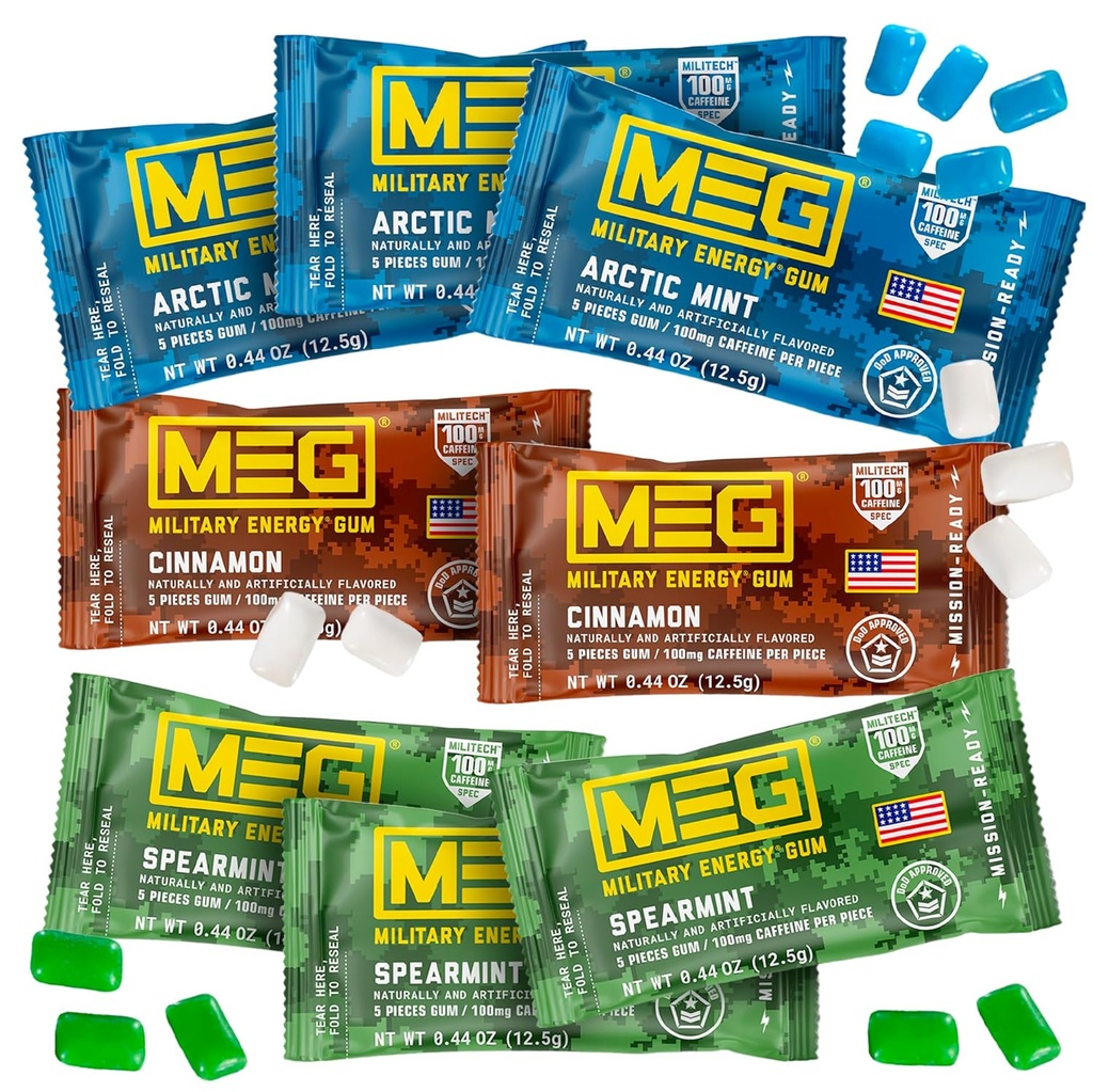MEG - Military Energy Gum Yep 124; 100 mg koffein Per stykke + Øge energi + Boost Fysisk ydeevne + Multi Flag Arctic Mint, Spearmint, & Cinnamon + 8 Pakker (40 Tæl)