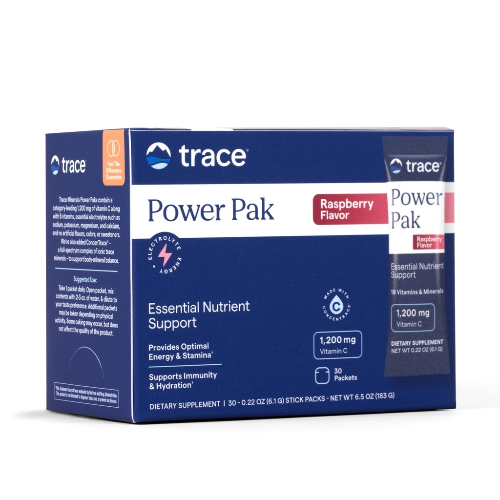 Trace Minerals Power Pak Multivitamin og Multimineral Pakker - Elektrolyte Support - 1200 mg C-vitamin Plus 70 Raspberry Flavor - 30 Pakker