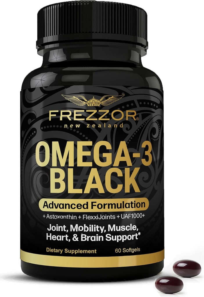 FREZZOR Omega 3 Sort til fælles pleje & Comfort - New Zealand Green Lipped Mussel Oil Capsules; 53x højere potens med UAF1000 + Super Antioxidant, Ingen Fishy Eftersmag, 1-Pack, 60 Softgels