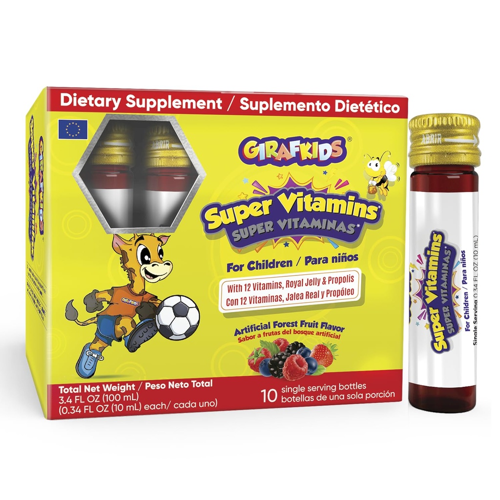 GirafKids Super Vitaminer til børn i alderen 4 + minus 124; 10 Serveringsflasker Flydende Multivitaminer til immunstøtte & energi