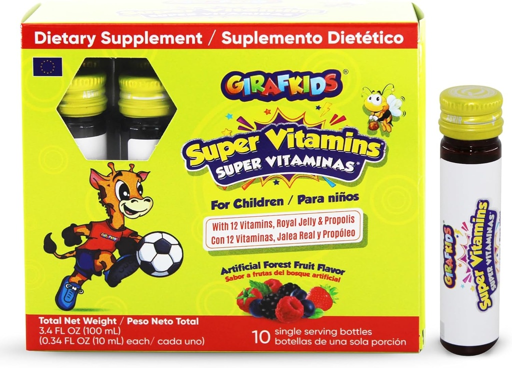 GirafKids Super Vitamins for Kids Ages 4+ | 10 Serving Bottles Liquid Multivitamins for Immune Support & Energy | 12 Vitamins | Tasty Forest Fruit Flavor | Enriched with Royal Jelly & Propolis