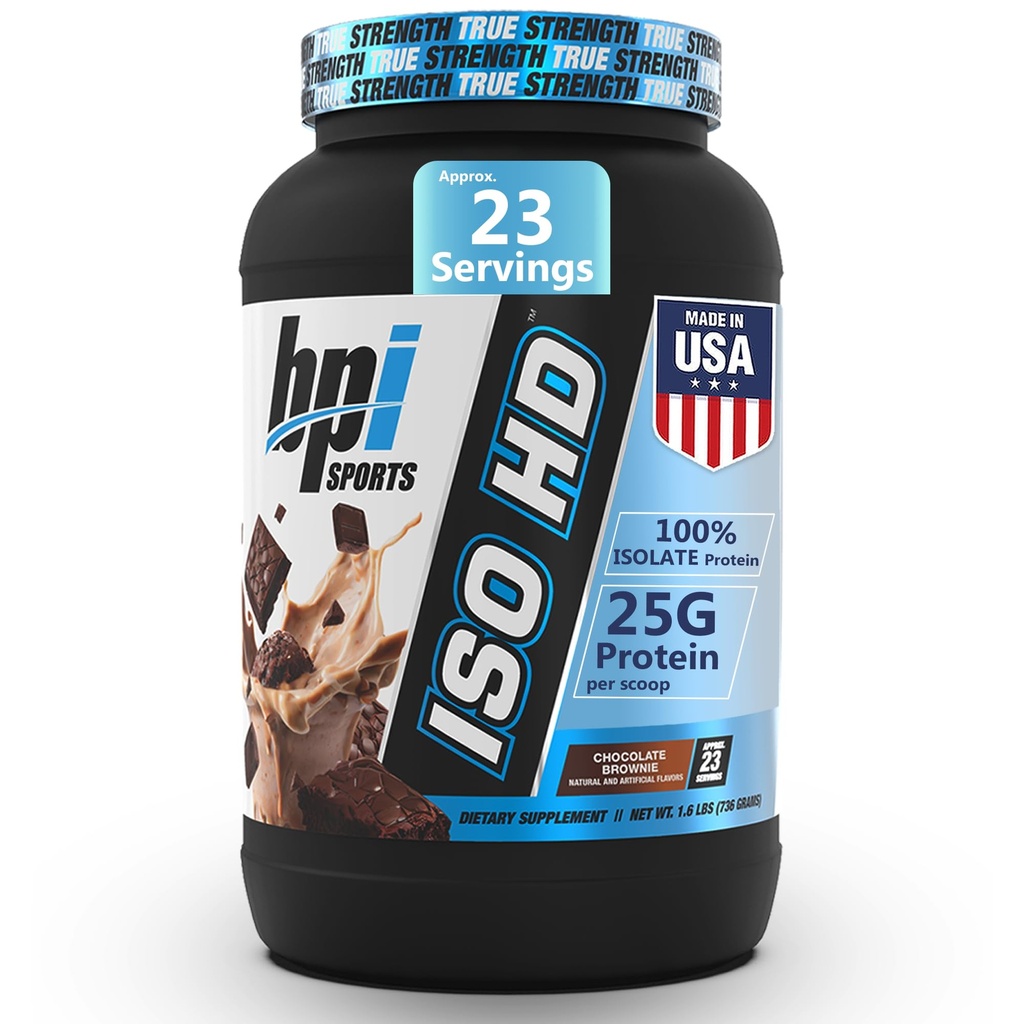 BPI Sports ISO HD Isolate Protein Powder - 100% Whey Isolate, Protein Powder for Muscle Gain - Chokolade Brownie - 1.6 Lb - 23 Servere