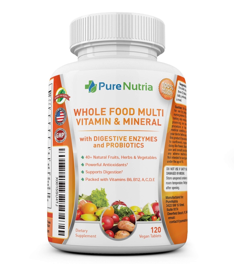 Hel mad MultiVitamin og mineraler med Probiotiske enzymer - 120 Multivitaminer til kvinder og mænd - Pakket med WholeFood og planteingredienser - kraftfulde antioxidanter til fordøjelsesstøtte