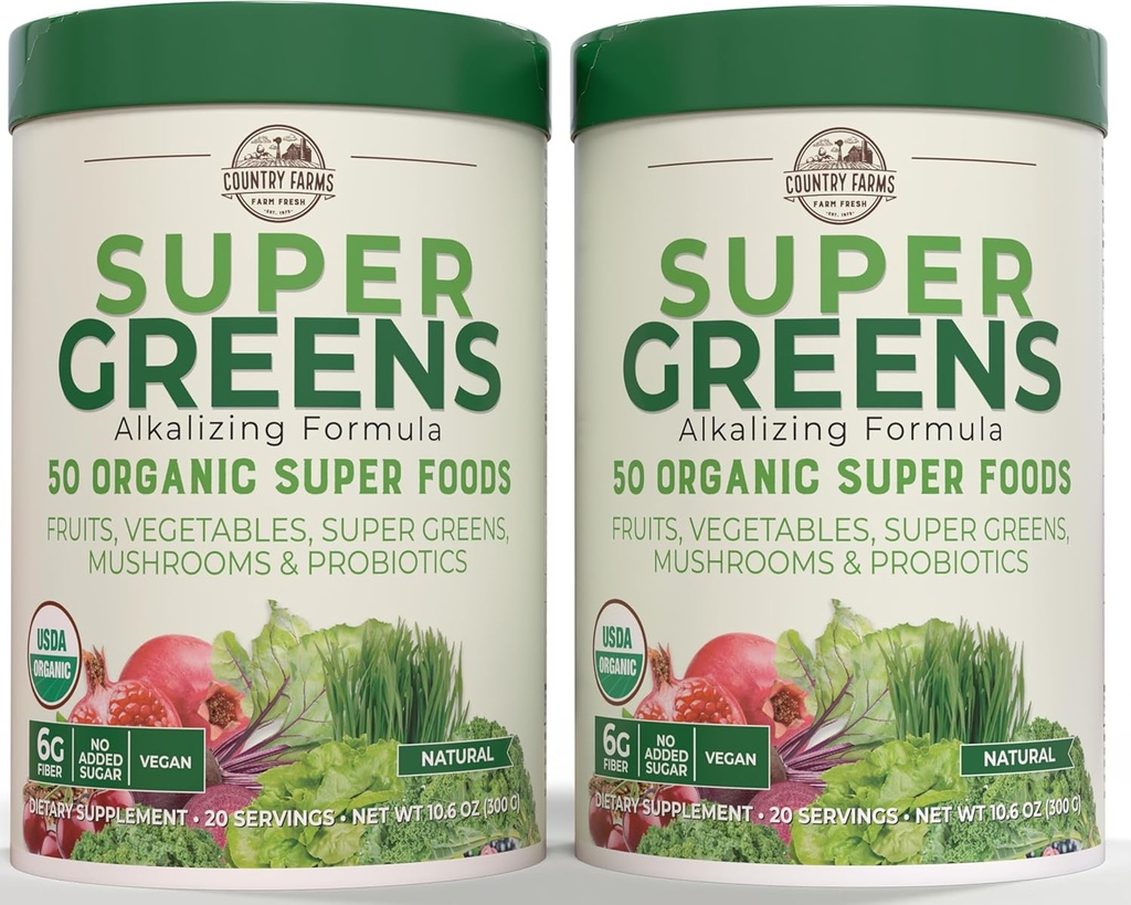Country Farms Super Green Natural Flavor, 50 Organic Super Foods, USDA Organic Drink Mix, Frugter, Grøntsager, Super Green, Svampe & Probiotika, Understøtter Energi, 40 Servere, 10.6 Oz, 2 Pack