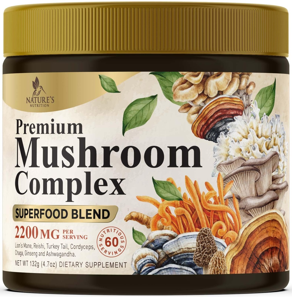 Mushroom Powder Kosttilskud 2200mg - 11 i 1 Kompleks formel Pulver med Organic Lions Mane, Reishi, Cordyceps, Chaga, Tyrkiet Hale Mushroom Uddrag supplement til hukommelse og hjerne support - 60 Serveringer
