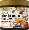 Mushroom Powder Kosttilskud 2200mg - 11 i 1 Kompleks formel Pulver med Organic Lions Mane, Reishi, Cordyceps, Chaga, Tyrkiet Hale Mushroom Uddrag supplement til hukommelse og hjerne support - 60 Serveringer