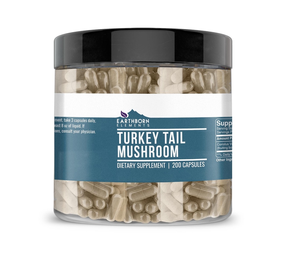 Earthborn Elements Turkey Tail Mushroom 200 Kapsler, Pure & Ufortyndet, Ingen tilsætningsstoffer
