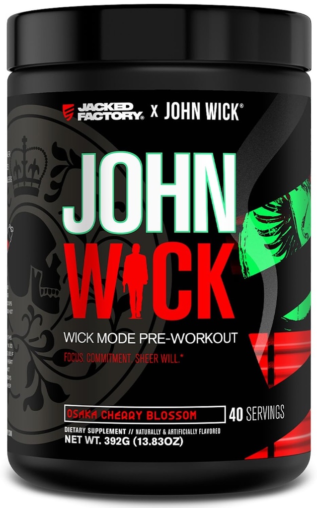 Jacked Factory X John Wick - Wick Mode Pre Workout Powder - Intense Energy, Battle- Ready Focus, Ustoppelig forpligtelse, og Sheer Will - 40 Serveringer, Osaka Cherry Blossom