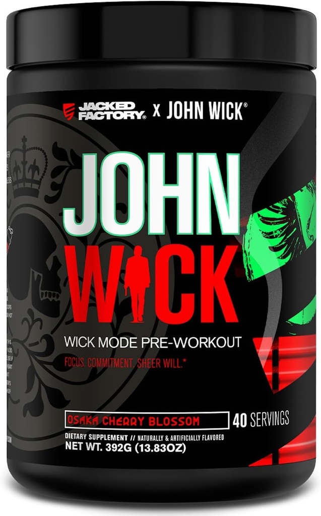 Jacked Factory X John Wick - Wick Mode Pre Workout Powder - Intense Energy, Battle- Ready Focus, Ustoppelig forpligtelse, og Sheer Will - 40 Serveringer, Osaka Cherry Blossom