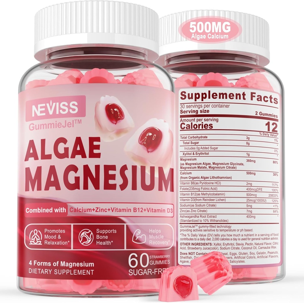 Sugar Free Calcium Magnesium Zink Gummies, Algae Calcium Magnesium Supplement Plus D3