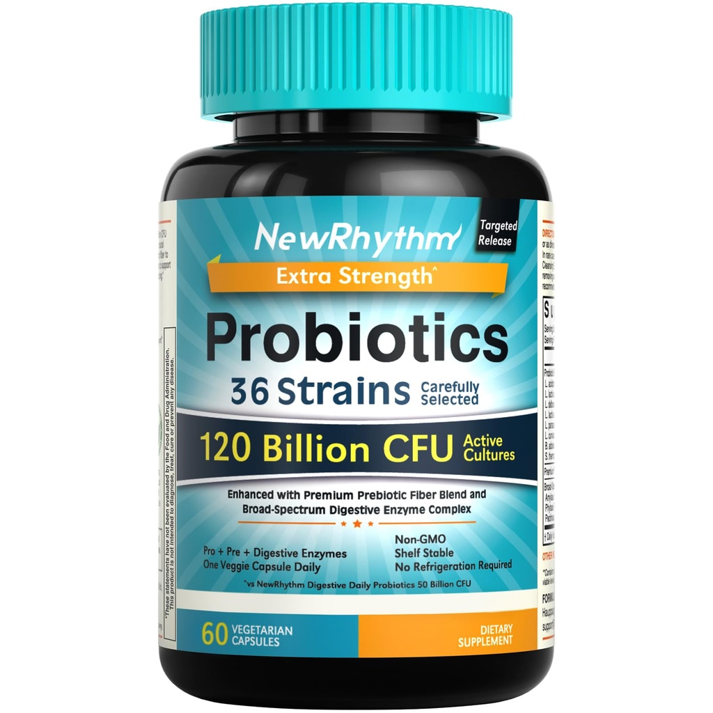 NewRhythm Probiotika 120 Millioner CFU 36 Strops, 3- in-1 Probiotika til fordøjelsessygdomme & immunforsvar med Prebiotika & enzymer, Probiotika til kvinder & mænd, målrettet udgivelse, 60 Veggie Caps