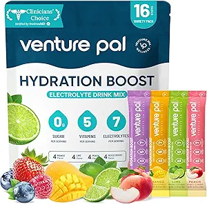 Venture Pal Sugar Free Electrolyte Powder Packets - Flydende Daily IV Hydration Packets # 124; Elektrolytes Drink Mix med 5 Vitamin & 7 Electrolytes # 124; Keto Friendly # 124; Non- GMO # 124; Certified Vegan # 124; 16 Sticks
