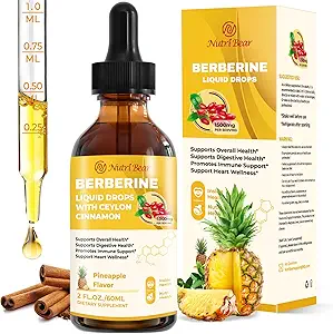 Berberine tillæg med Ceylon Cinnamon, Berberine HCL flydende dråber med gurkemeje, Bitter Melon, Quercetin, 10X Styrke AMPK for fordøjelsessystem, immunforsvar -vegetar, 2 fl oz