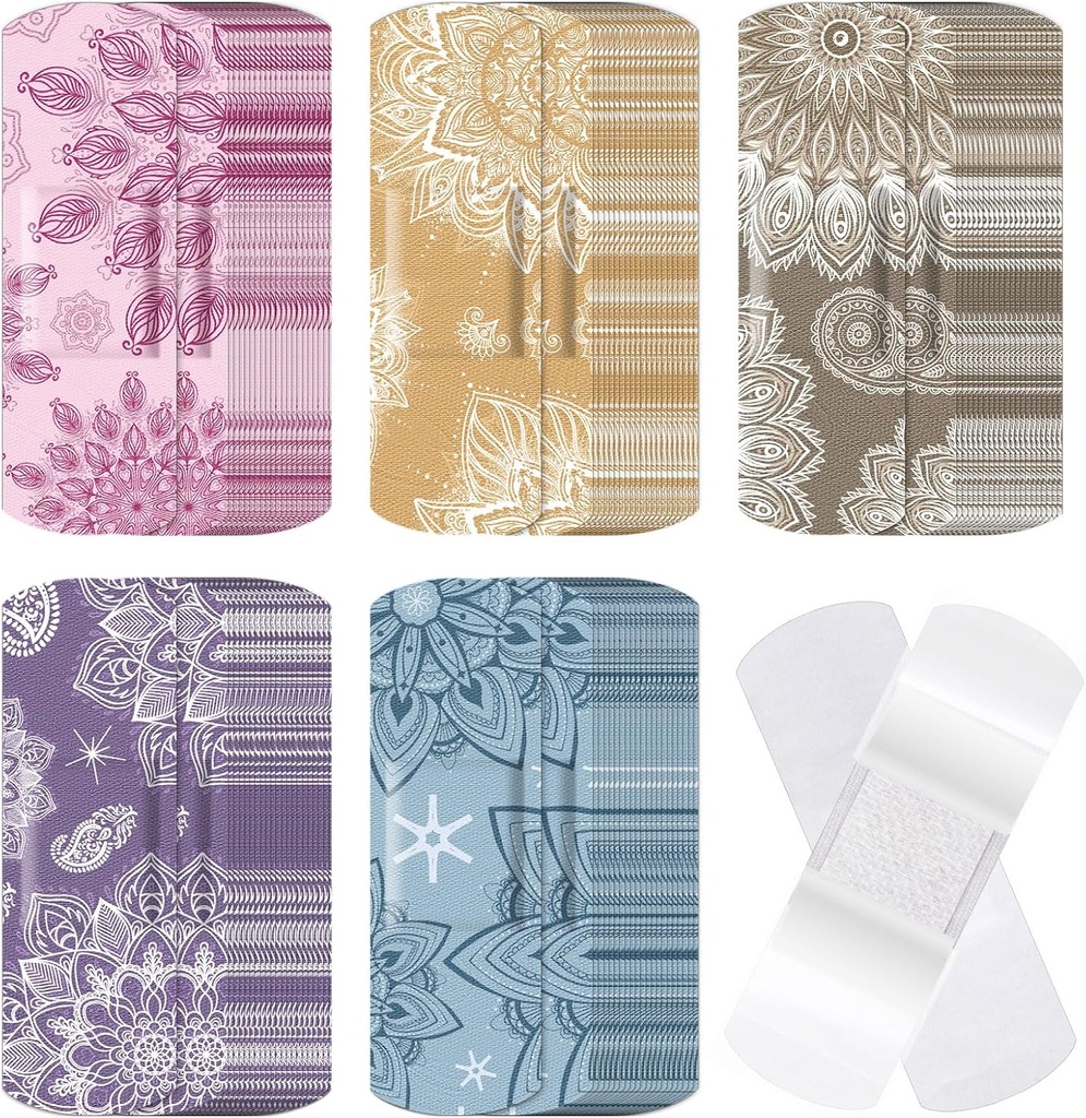 120 Pcs Fabric Adhesive Fleksible Bandages Bulk Assorted Shapes and Mønstre Lille Farverige Temmelig Fabric Bandages med Non Stick Pad 3 x 1 Tommer til Cuts Sår Scrapes Kvinder (Mandala)