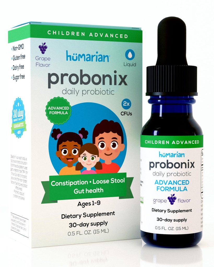 Humanic Probonix Advanced Liquid Probiotika for Kids 30 lbs og Up - 8-Strain Kids Probiotiske Drops til Fortify Gut Sundhed, Immunitet og mere - 30-Day Supply - Tasty Grape Flavor