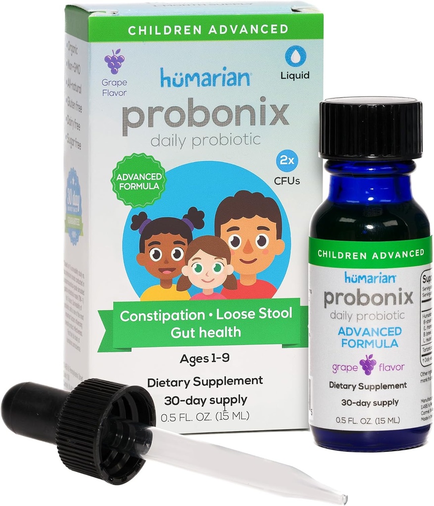 Humanic Probonix Advanced Liquid Probiotika for Kids 30 lbs og Up - 8-Strain Kids Probiotiske Drops til Fortify Gut Sundhed, Immunitet og mere - 30-Day Supply - Tasty Grape Flavor