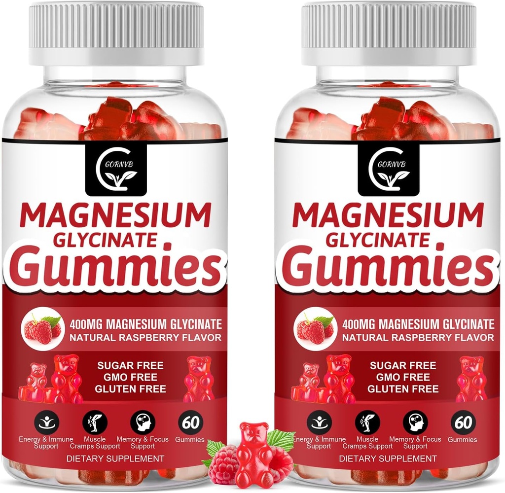 Magnesium Glycinate Gummies 400mg, Mg Kalium supplement med chelateret Magnesiummalatkompleks, D-vitamin, B6, og CoQ10, Support for Memory, Calm, Mood & Sleep - 60 Greve (pakke med 2)