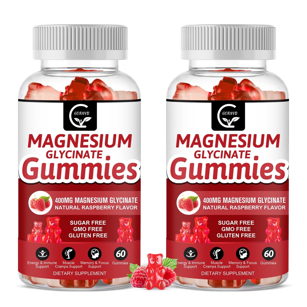 Magnesium Glycinate Gummies 400mg, Mg Kalium supplement med chelateret Magnesiummalatkompleks, D-vitamin, B6, og CoQ10, Support for Memory, Calm, Mood & Sleep - 60 Greve (pakke med 2)