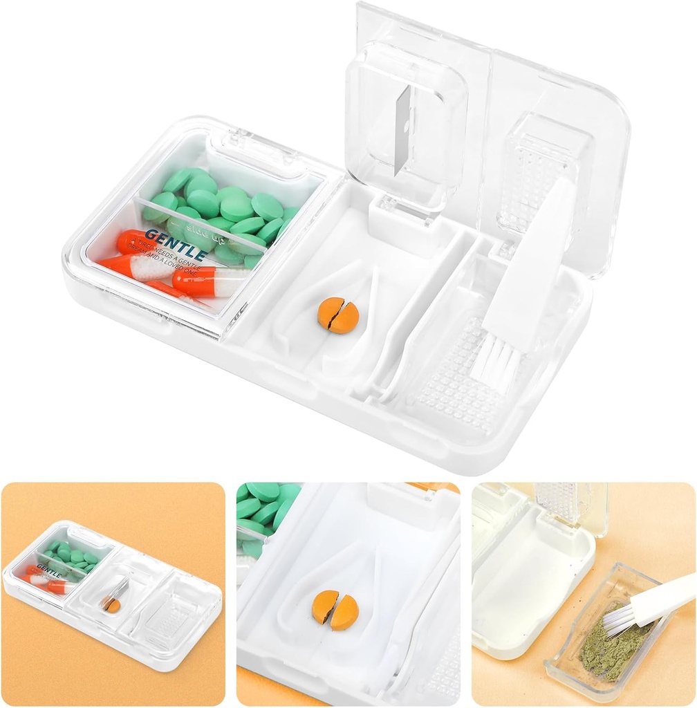 Toplive Portable 3- in-1 Pill Cutter og Pill Grinder og Pill Holder, Nøjagtig nem skæring, Medicin Crusher til små store piller, Vitamin Tablets Splitter til ældre børn Kæledyr, Hvid