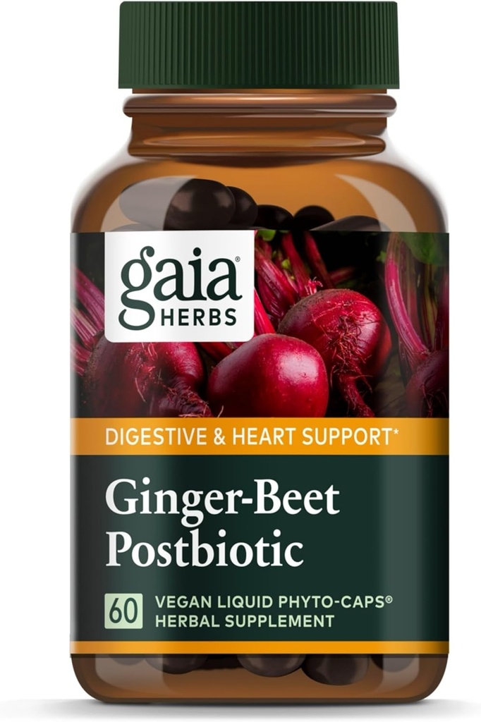 Gaia Herbs Ginger- Beet Postbiotic - Supplement til Gut & Heart Health Support - Lavet med Økologisk Gæret Beets & Ginger - Gratis fra Dairy, Soy & Gluten - 60 Veganske kapsler (30 Servere)