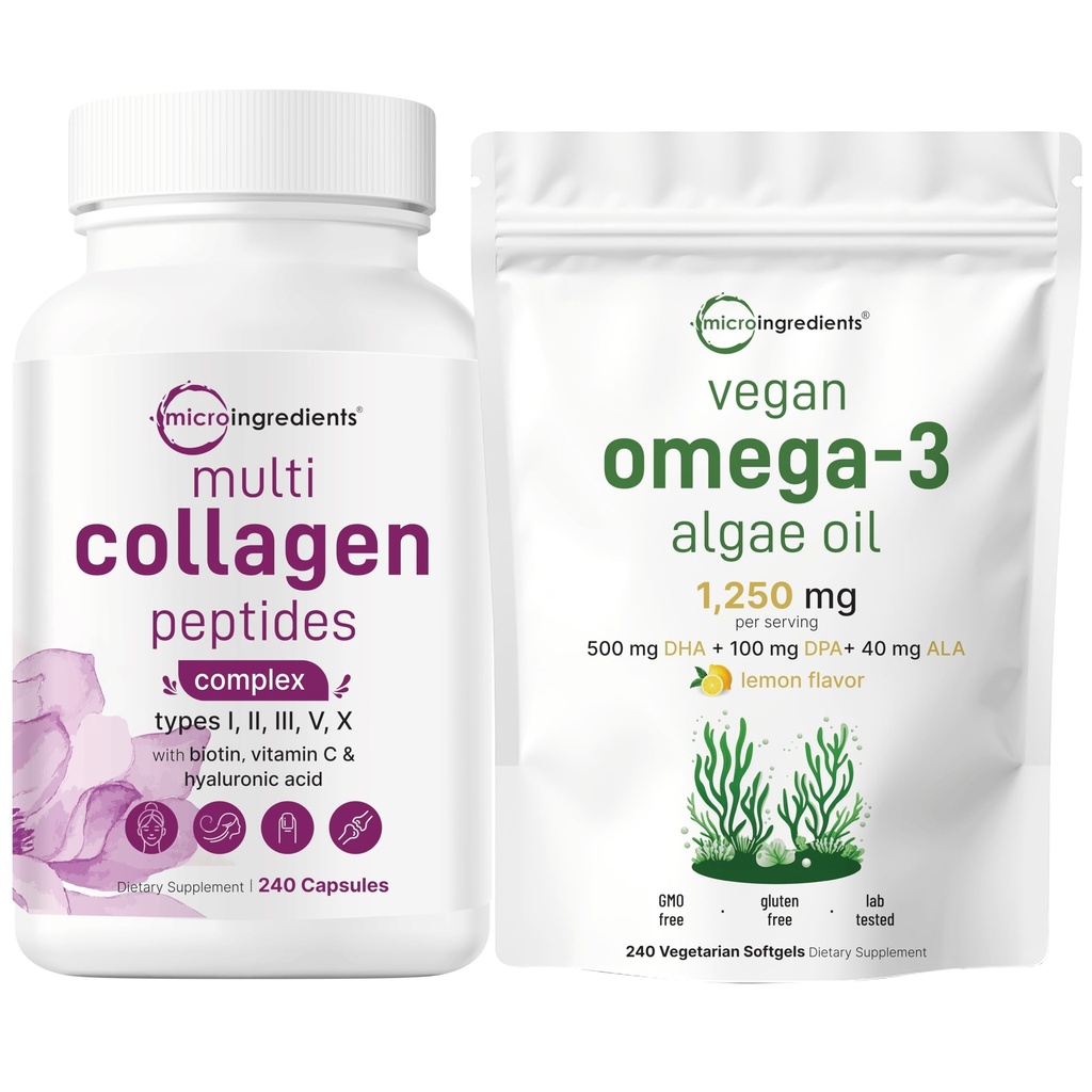 Micro Ingredienser Multi Collagen Complex & Vegan Omega 3 Algae Oil Supplement Bundle 2 Pack 124; Grass- Fed Collagen Peptider Mex124; Omega-3 Fuld Spektrum Alternativ til fiskeolie