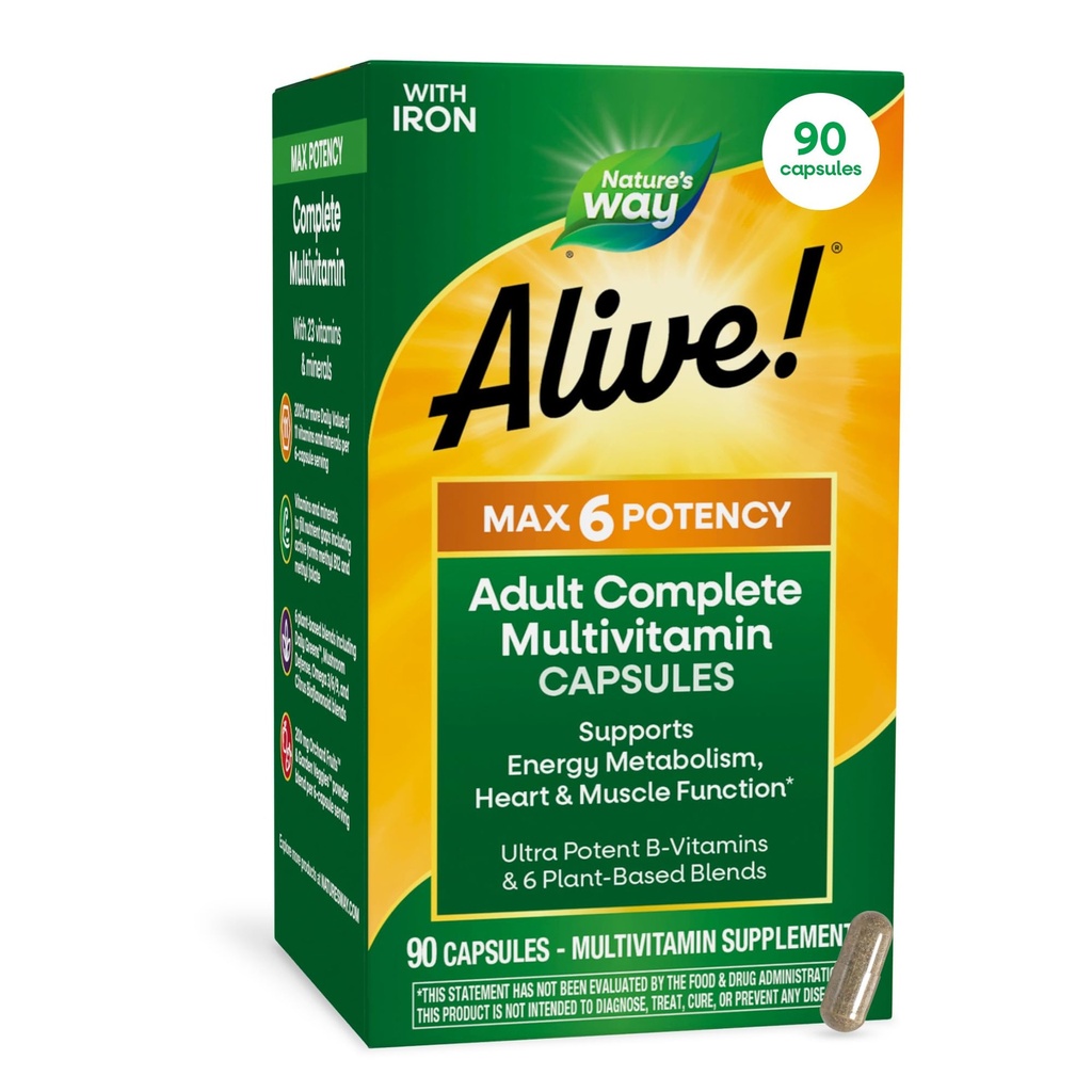 Naturen er i live! Max6 Potence Voksen Complete Multivitamin, med jern, Vitamin A, C, E & B- Vitamin herunder Methylerede B12 & Folate, Understøtter energi Metabolisme *, 90 kapsler (Emballage Maj Vary)