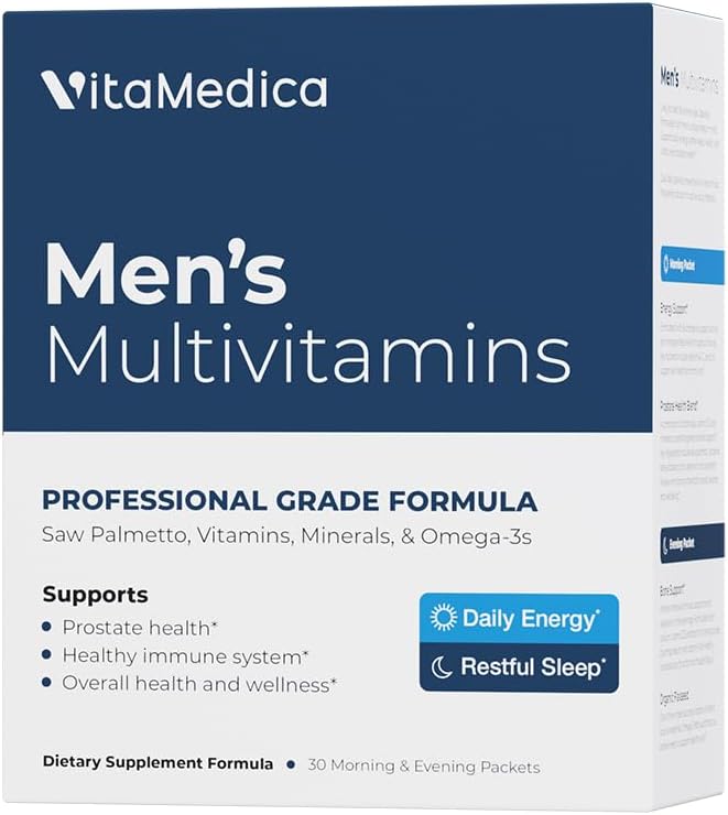 VitaMedica Mænds Multivitamin med Prostata Health Support Buddy 124; Vitamin, Mineraler, Omega3s og Saw Palmetto Buddy 124; Box med 30 Easy Daily Packs Buddy 124; Understøtter naturlig energi og søvn Buddy 124; Muskel, fælles sundhed