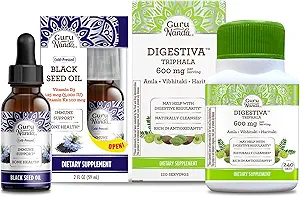 GuruNanda Black Seed Oil, Cold- Pressed Nigella Sativa - Rich in Vitamin D3 5000 Enheder & Digitiva Triphala (240 tabletter), Understøtter fordøjelse, Hjælper med bloating