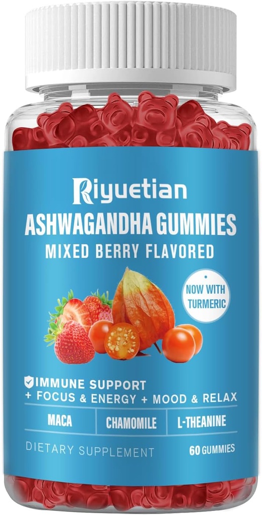 Ashwagandha Gummies for kvinder & mænd - Stress Relief, immunforsvar & øget energi - Sugar Free, Vegan - Organic Ashwagandha Root Supplements Gummy- Natural Strawberry Flavor (60 Greve)