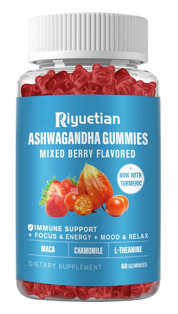 Ashwagandha Gummies for kvinder & mænd - Stress Relief, immunforsvar & øget energi - Sugar Free, Vegan - Organic Ashwagandha Root Supplements Gummy- Natural Strawberry Flavor (60 Greve)