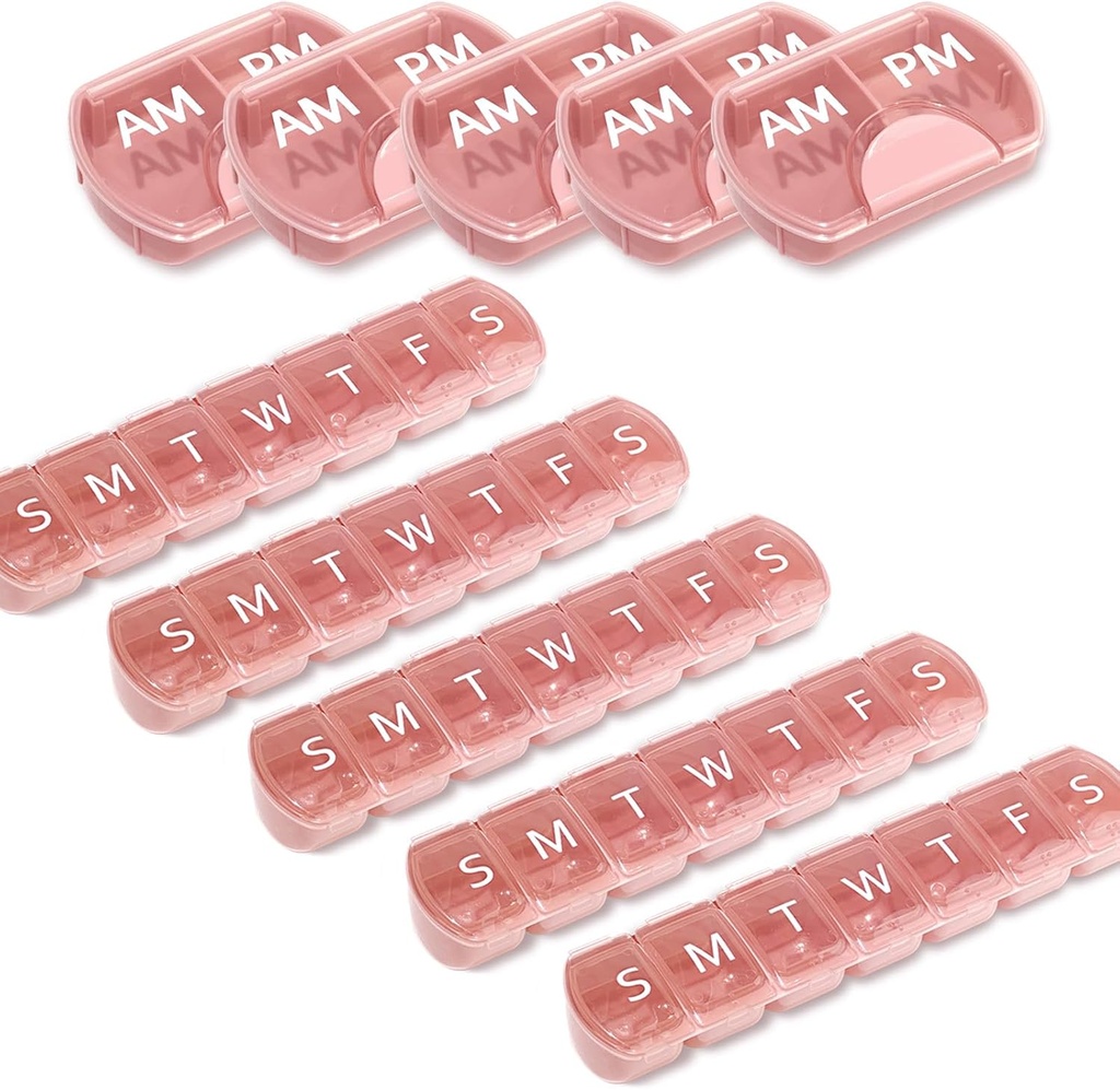 10 Pack (Weekly & Daily), 2 gange om dagen (AM / PM) + 7-Day Pill Organizer, Vitamin Planner, Stor kapacitet Pill Box sæt, Rejsepille sag for Medicin / Vitamin / Fiskeolier / Kosttilskud, Pink