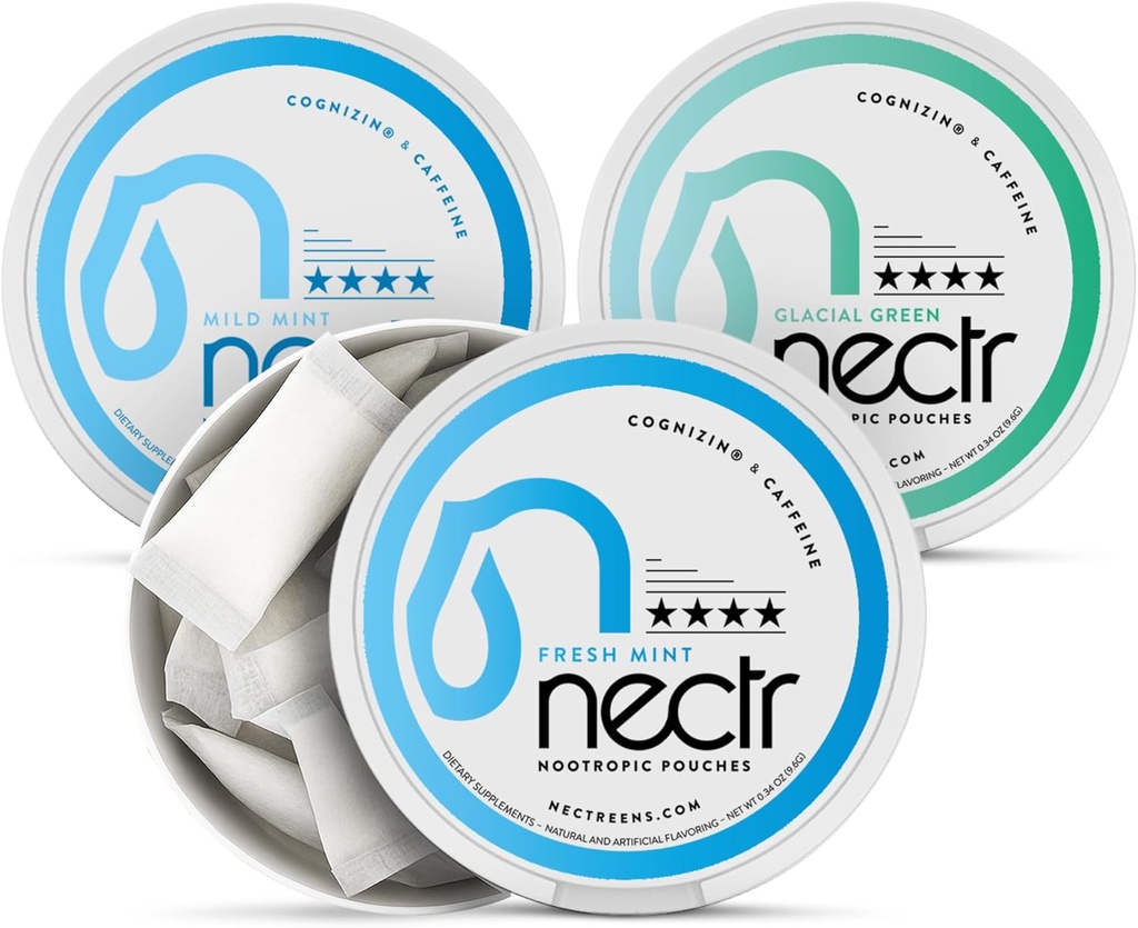 Nectr Energy Nootrop Pouches Mint Mix - Koffein Pouches med Cognizin Citicolin. 3 Arme: Mild og Fresh Mint, og Glacial Green. Sugar- Free, Nicotine Free Calm Focus & Energy Supplement