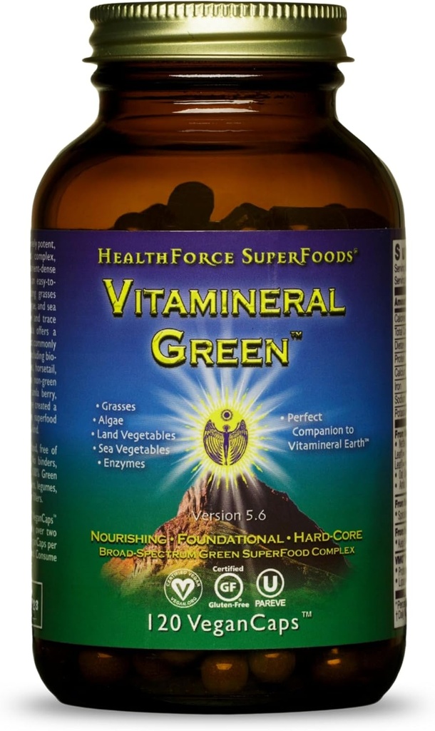 MINIMUM SUPERFODS Vitamin Green - Mineral supplement til immunforsvar og thyreoideastøtte - Grøn pulver supplement med ingredienser fra jorden - Gluten- Free & Vegan - 120 kapsler